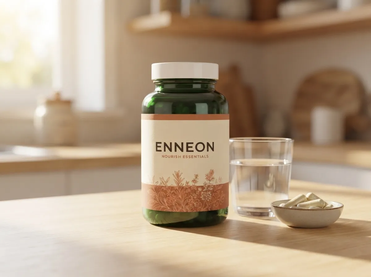 Enneon bottle with capsules and water glass on a kitchen table